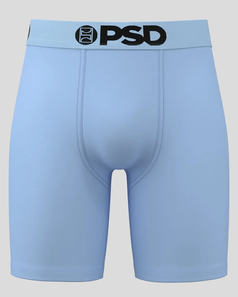 Light blue PSD brand boxer briefs with black logo waistband and white contrast panel.