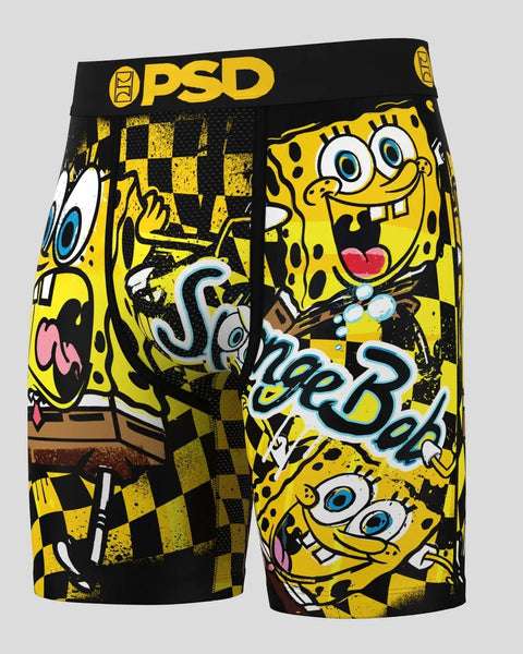 PSD men's boxer shorts featuring yellow and black SpongeBob SquarePants characters with checkered pattern.