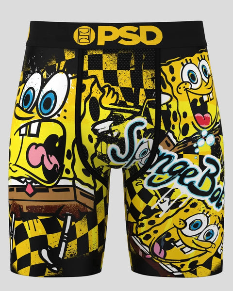 SpongeBob SquarePants boxer briefs with yellow and black checkered pattern, character faces, and splat design elements.