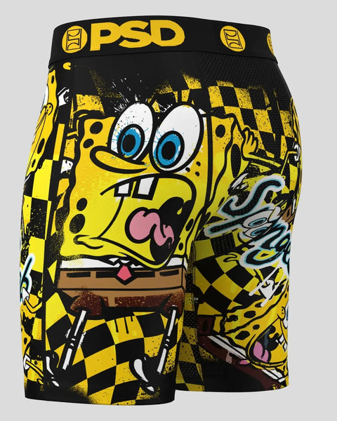 SpongeBob character with splat design on black and yellow checkered men's shorts with PSD waistband.