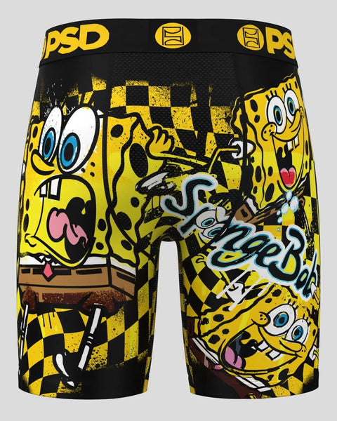 Black and yellow SpongeBob SquarePants boxer briefs with checkered pattern and character graphics, PSD waistband.