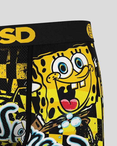 Yellow SpongeBob character with large eyes and wide smile on black underwear waistband with yellow text.