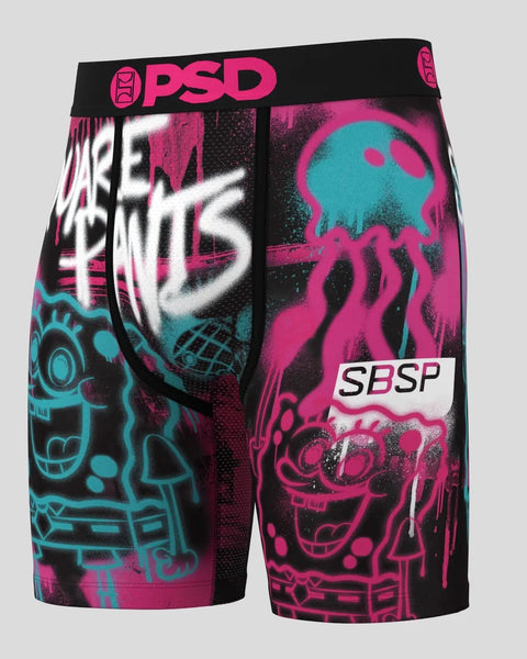 PSD boxer briefs with black, hot pink, and teal SpongeBob SquarePants character graphics and text print.
