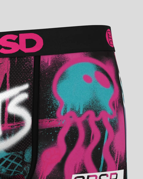 SpongeBob SquarePants character printed in magenta and cyan on black elastic waistband underwear.