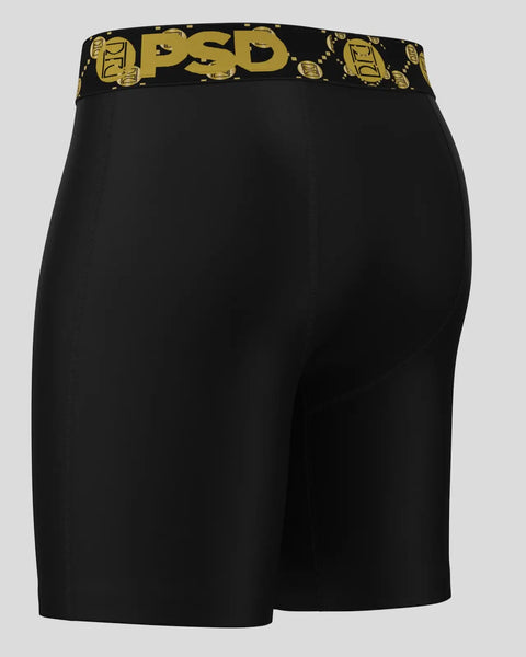 Black shorts with gold PSD waistband featuring emblem pattern and logo text.