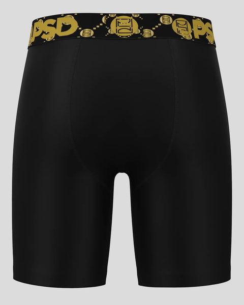 Black boxer briefs with gold emblem waistband featuring repeated logo pattern and geometric designs.
