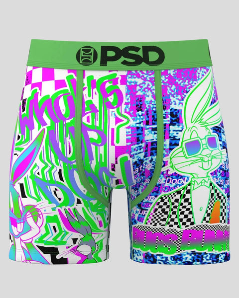 PSD boxer briefs featuring Bugs Bunny character with neon green, magenta, and blue glitch-style graphics and checkered patter