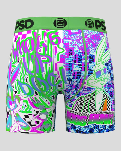 Men's boxer briefs with green, purple, and blue glitch-style graphics and checkered patterns on white background.