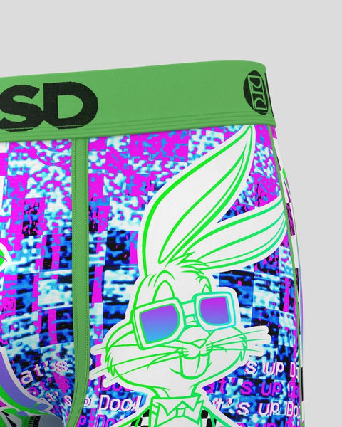 Green waistband with Bugs Bunny outline in green on multicolored pixelated glitch-pattern shorts.