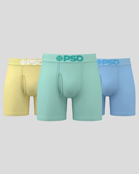 Three pastel-colored boxer briefs in yellow, mint green, and light blue with PSD waistbands.