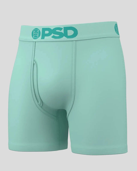 Mint green men's boxer briefs with PSD waistband and center seam detail.
