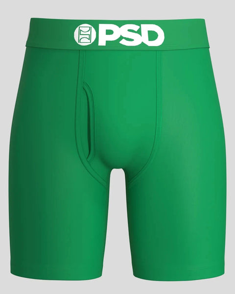 Green PSD Modal Solids boxer briefs with white waistband logo and front pouch seaming.