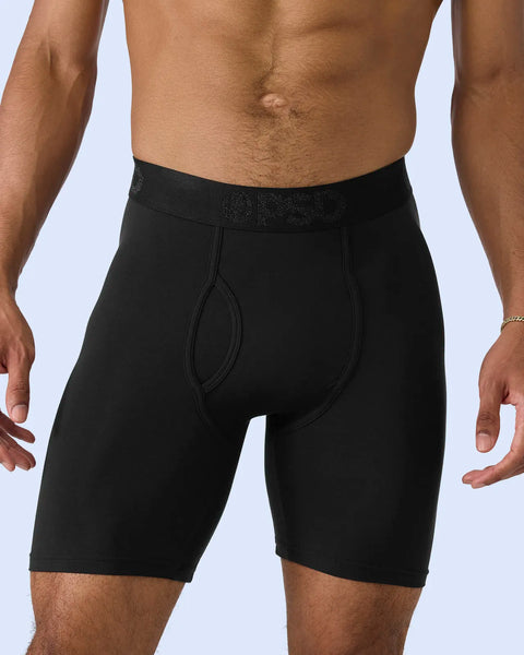 Black modal boxer briefs with textured waistband and fly opening on male model.