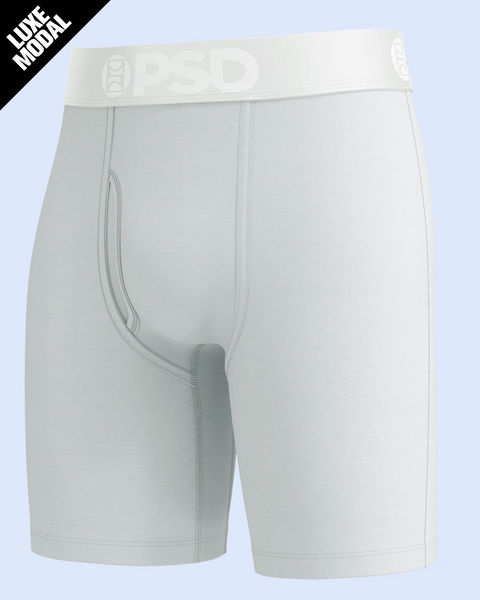 Gray modal underwear shorts with PSD branded waistband and contrast stitching detail.