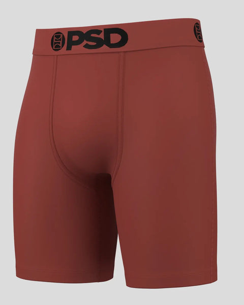 Burgundy boxer briefs with PSD waistband and center seam stitching.