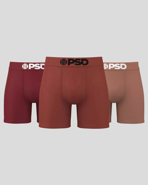 Three men's boxer briefs in burgundy, rust, and tan with PSD waistbands.
