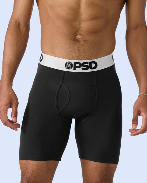 Black modal boxer briefs with white and silver PSD waistband.