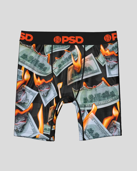 Black boxer briefs with orange PSD waistband featuring an all-over print of burning dollar bills and flames.