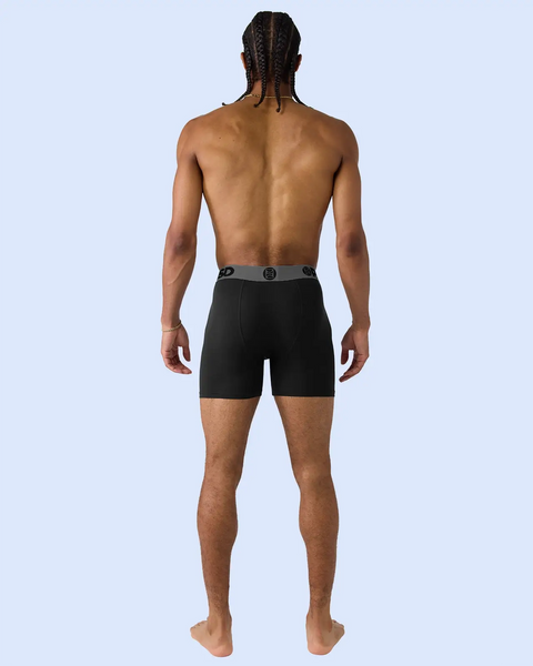Man wearing black shorts with grey waistband shown from behind against light blue background.
