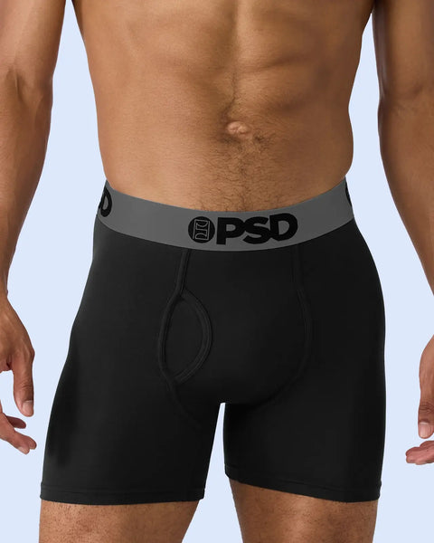 Black boxer briefs with grey PSD waistband and contoured pouch design.