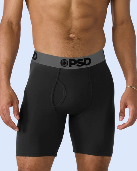 Black modal boxer briefs with gray waistband featuring PSD branding and logo.