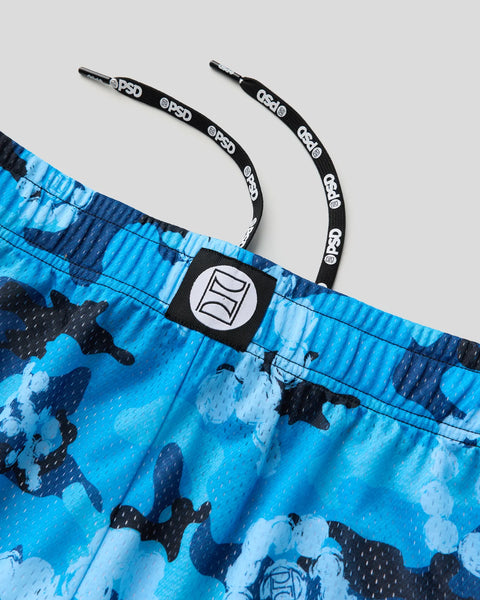 Blue and black cloud-patterned active short with branded waistband and black drawstring straps.