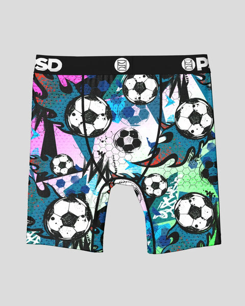 Boxer shorts with colorful soccer ball and abstract pattern in blue, pink, green, and black with branded waistband.