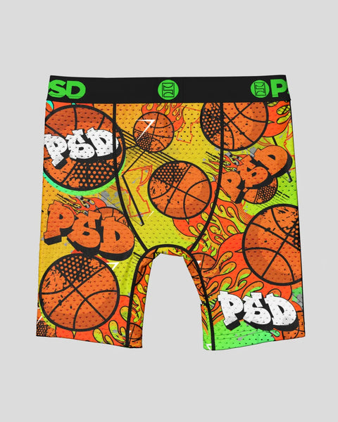 Basketball print boxer briefs with neon yellow, orange, and green colorway and black waistband.