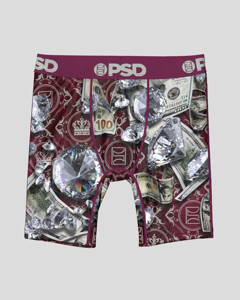 Burgundy PSD boxer briefs with damask pattern, crystals, and money print design.