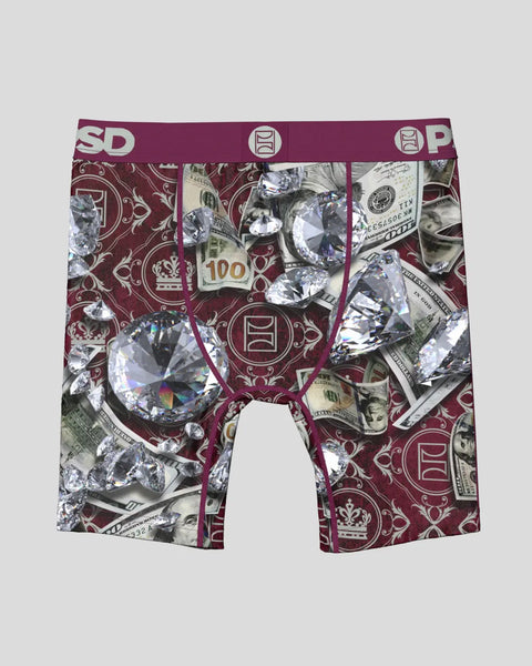Boxer briefs with burgundy waistband featuring diamond-patterned fabric with money and ornamental design prints.