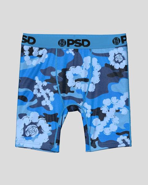 Blue PSD boxer briefs with black and light blue cloud camo pattern and branded waistband.
