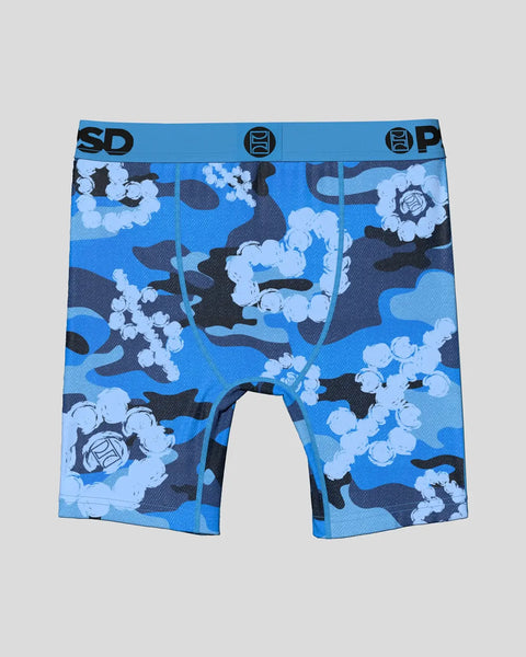 Blue, black, and light blue boxer briefs with cloud and camouflage pattern, elastic waistband with brand logo.