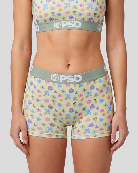 Cream bra and shorts set with multicolored mushroom print and gray PSD waistbands.