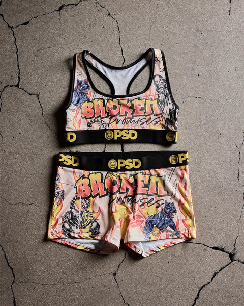 Two-piece set with sports bra and shorts featuring colorful scorpion and text graphics with black PSD waistbands.