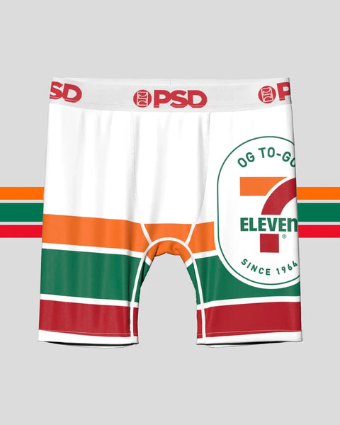 White PSD boxer briefs with 7-Eleven logo and horizontal stripes in orange, green, and red.