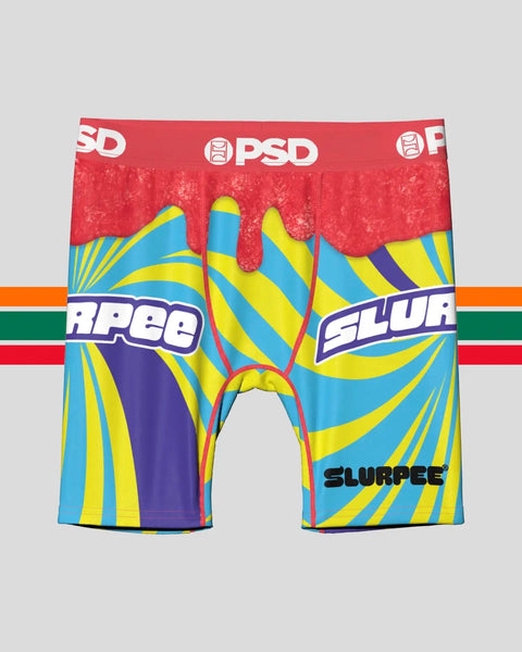 PSD boxer briefs with red waistband and blue, yellow, purple striped design featuring Slurpee and Apee branding.
