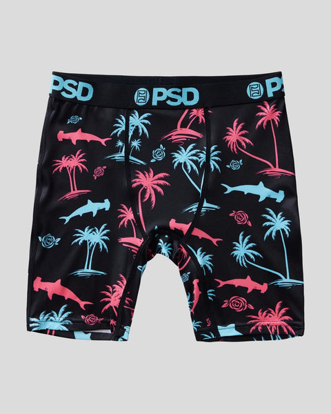 Black shorts with cyan and pink shark and palm tree pattern, PSD waistband.