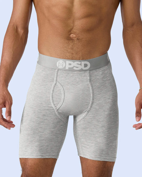 Heather gray modal boxer briefs with PSD waistband on male model.