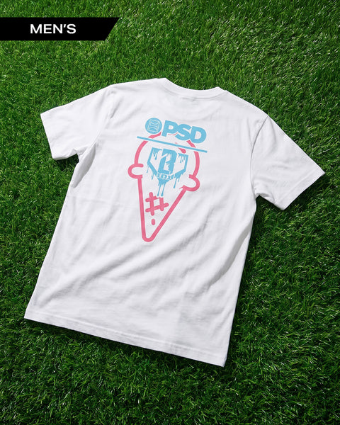 White men's t-shirt with blue and pink baseball glove and ice cream cone graphic on back.