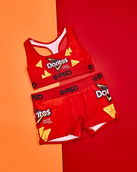 Red PSD underwear set featuring Doritos Nacho Cheese branding and triangular chip graphics on orange and red background.