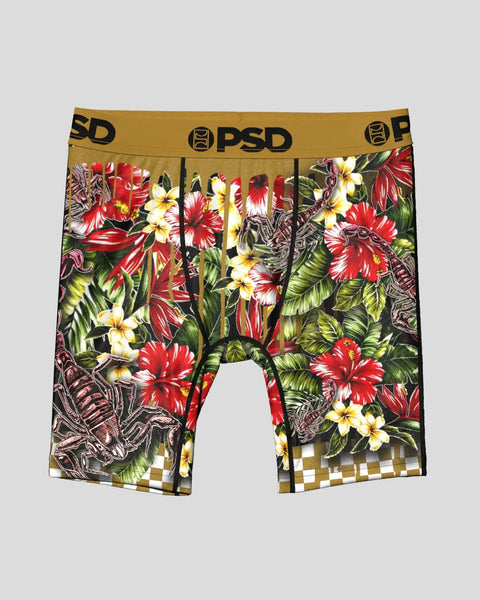 PSD brand boxer briefs with gold waistband featuring red and white floral print with checkered pattern on legs.