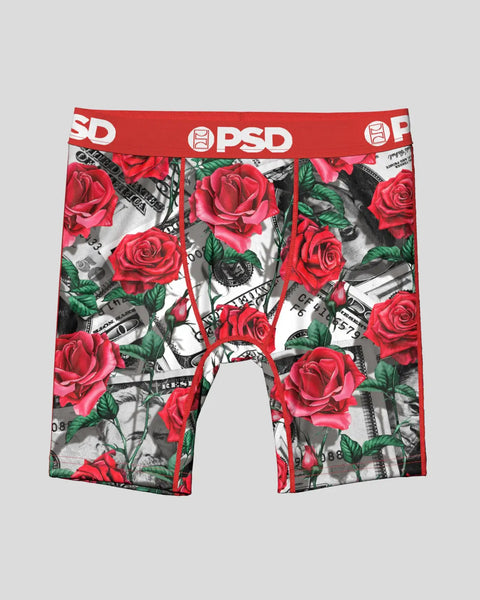 PSD boxer briefs with red rose and money print pattern on white and gray background.