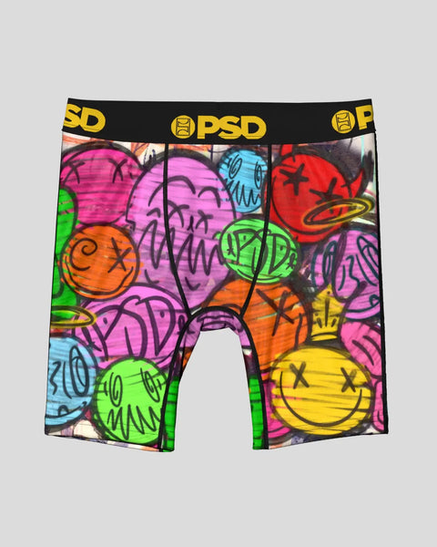 PSD boxer briefs with black waistband and multicolored graffiti-style smiley face and brain graphic print.