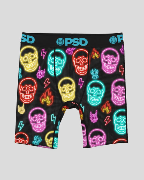 Black boxer briefs with neon skull, lightning bolt, and flame neon designs in yellow, cyan, red, and pink.