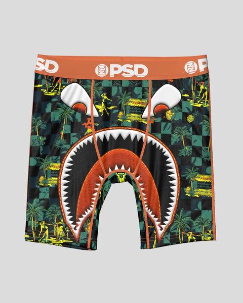 PSD boxer brief with orange waistband featuring shark mouth design and tropical checkered pattern.