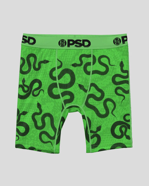 Bright green boxer briefs with black snake pattern and PSD waistband.