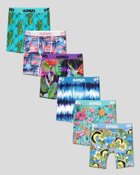 Six PSD boxer briefs with tropical and tie-dye patterns in turquoise, pink, purple, blue, and multicolor.