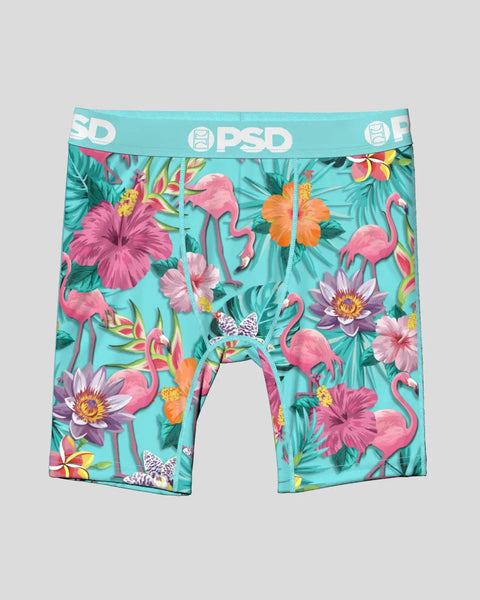 Turquoise boxer briefs with colorful tropical floral and flamingo print, PSD waistband.