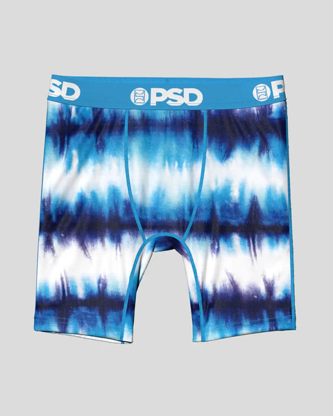 PSD boxer briefs with blue and white tie-dye pattern and blue waistband.