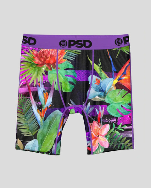 PSD boxer briefs with purple waistband and colorful tropical flower and leaf print on black background.